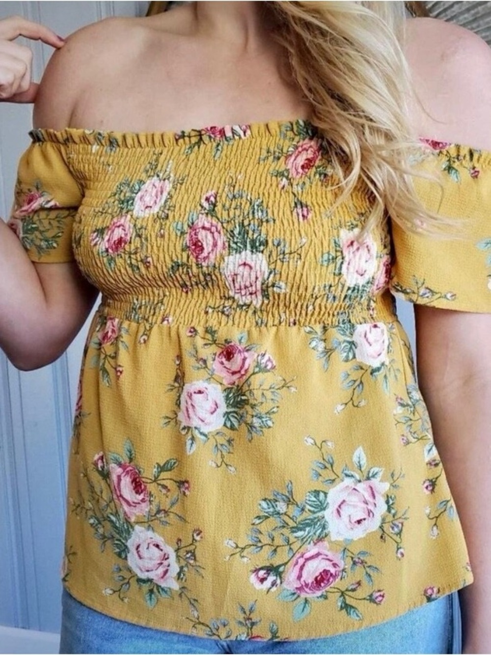 Monteau Yellow Floral Off-Shoulder Smocked Top Size M